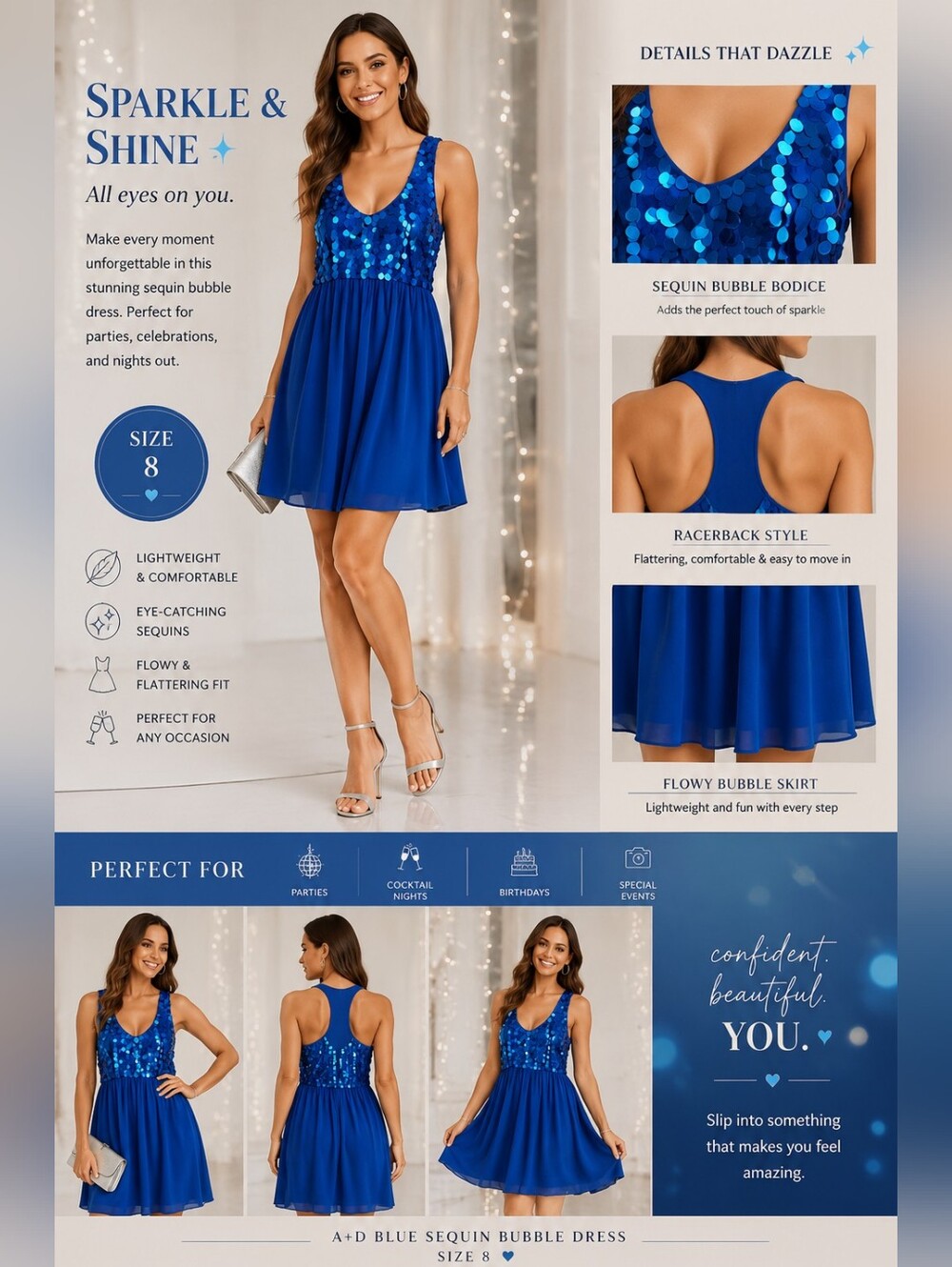 A+D Blue Sequin Bubble Dress Sleeveless Party Cocktail Dress NWOT